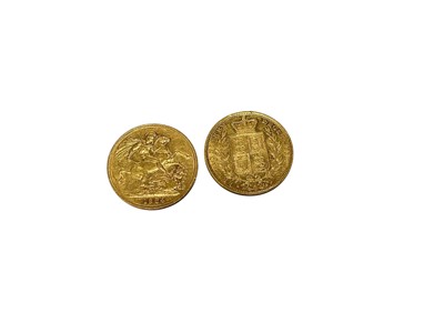 Lot 401 - G.B. - Gold Sovereigns Victoria YH to include shield back 1855 AVF and George & Dragon 1884M VF (2 coins)