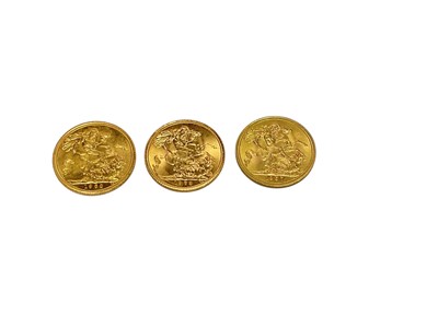 Lot 408 - G.B. - Gold Sovereigns Elizabeth II 1957 GVF, 1963 x 2 EF (3 coins)