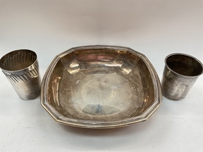 Lot 1122 - Antique French white metal dish, French silver tumbler (Minerva hallmark) and one other (3)