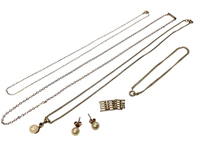 Lot 205 - Cultured pearl pendant in 9ct gold setting on 18ct gold chain, pair of cultured pearl stud earrings and three 9ct gold chains plus spare yellow metal links