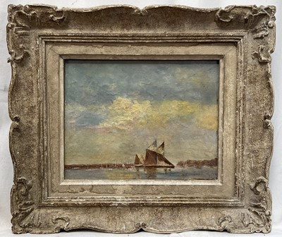 Lot 31 - Manner of Edward Seago, oil on panel - sailing boats at sea, bearing signature.17.5cm x 23cm. Framed .