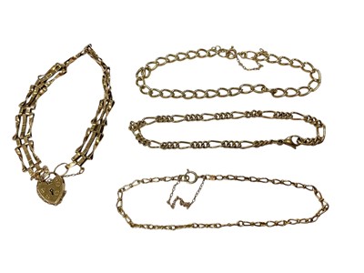 Lot 87 - 9ct gold gate bracelet with padlock clasp and three other 9ct gold bracelets (4)