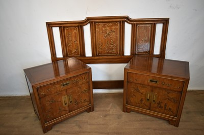 Lot 1549 - Two Drexel Heritage Furniture "Chinoiserie" bedside "nightstand" cabinets and a matching bed headboard