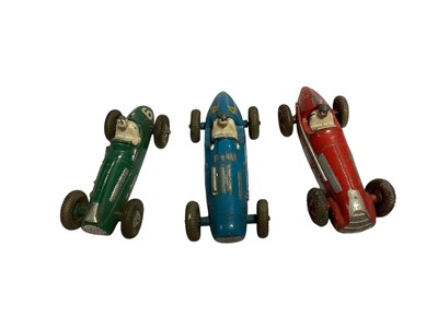 Lot 1829 - Dinky Toys unboxed Racing Cars including Talbot Lago, Cooper Bristol, Alfa Romeo & Land Speed racer, plus yellow Jaguar XK120 Coupe & other cars (qty)