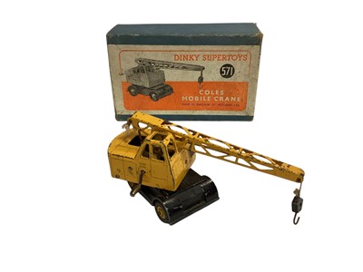 Lot 1831 - Dinky Supertoys Coles Mobile Crane No.571, Dinky Toys Coventry Climax Fork Lift Truck No.14c (no internal packaging) & Breakdown lorry No.25x, all boxed (3)