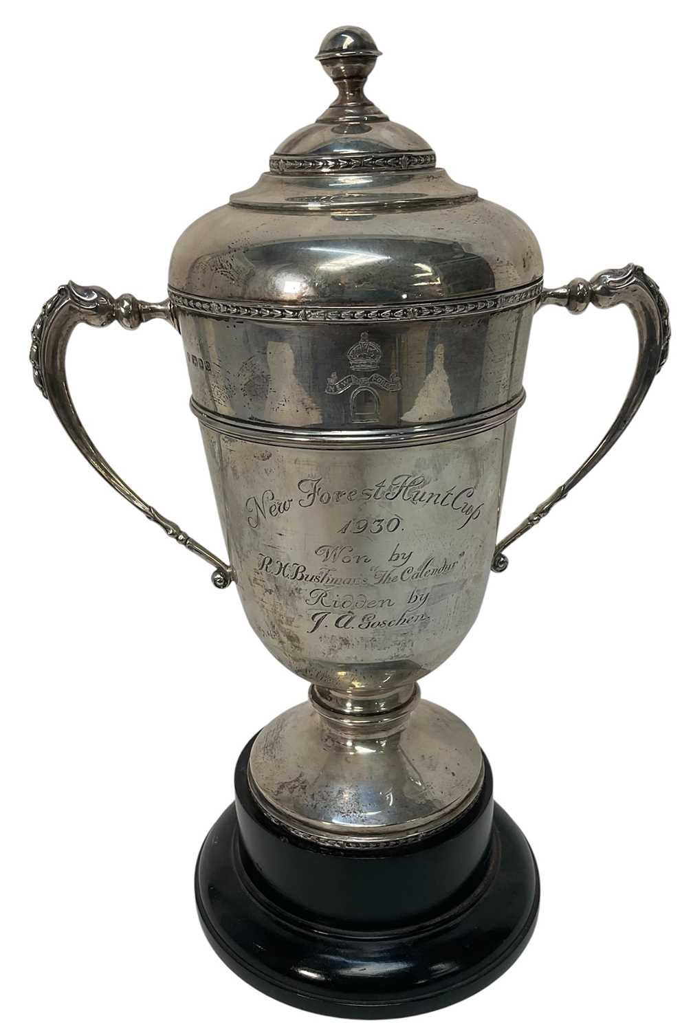 Lot 923 - 1920s silver two-handled lidded trophy, engraved New Forest Hunt Cup 1930, on stand, (London 1929), approximately 40ozs, 38cm high overall