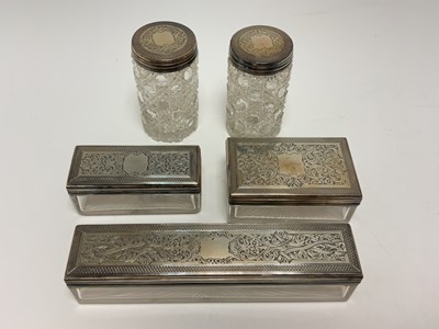 Lot 242 - Set of five 1920s silver mounted glass dressing table items, Mechi London.