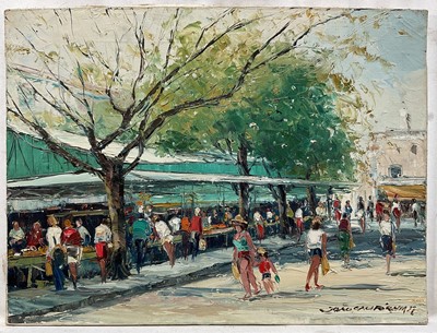 Lot 133 - João California (Portuguese) oil on canvas- Market scene, 30.5cm x 41cm, signed, unframed.