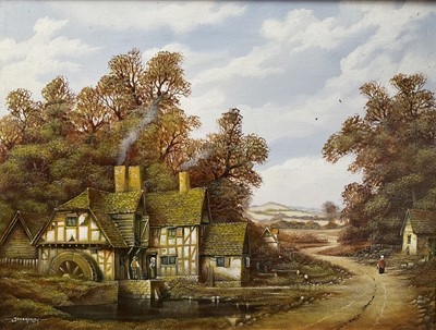 Lot 266 - John Hooley oil on canvas, English village scene with a watermill, 45cm x 59.5cm signed, framed