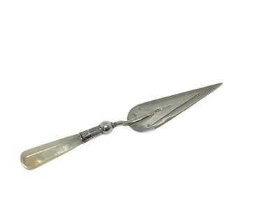 Lot 174 - Victorian style silver book trowel with mother of pearl handle, 9.5cm long