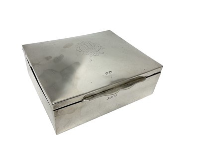 Lot 170 - Early 20th century silver cigarette box, the lid of domed form with engraved gothic monogram, wooden lined (probably Sheffield 1910), 16.5cm wide x 14cm deep, 9.8ozs without wooden lining