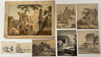 Lot 63 - Collection of early 19th Century watercolours and drawings of architectural subjects, including one rural homestead named to John Varley and another to David Cox. 8 works