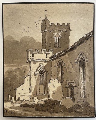 Lot 62 - English School, early 19th Century monochrome watercolour - A Country Church, 14cm x 11cm, unframed