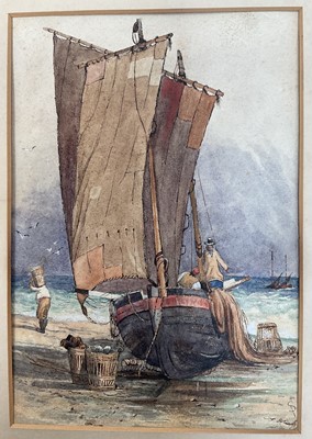 Lot 205 - Manner of Samuel Prout (1783-1852) watercolour of a vessel unloading on the shore, monogrammed, with mount unframed