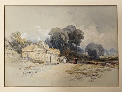 Lot 64 - Attributed to Thomas Miles Richardson Jnr (1813-1890) watercolour of figures on a rural track, inscribed verso, with mount, unframed
