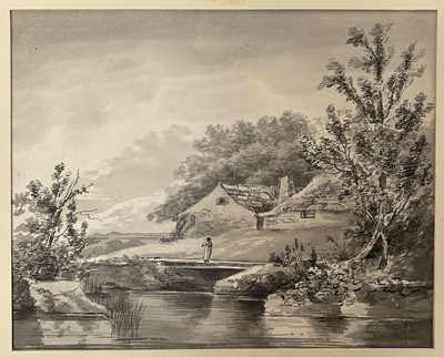 Lot 203 - Attributed to John Laporte (1761-1839) monochrome watercolour of a figure on a bridge and one other titled 'Swaffham', with mount, unframed (2)