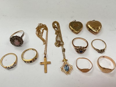 Lot 1043 - Two 18ct gold diamond set rings, five 9ct gold rings, two 9ct gold pendants on 9ct gold chains and two 9ct gold back and front lockets