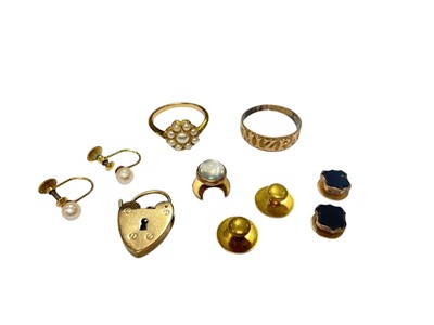 Lot 153 - Edwardian yellow metal seed pearl flower head cluster ring, pair of 9ct gold pearl screw back earrings, 9ct gold Mizpah ring (cut), 9ct gold padlock, 9ct gold moonstone stud, pair of 15ct gold s...