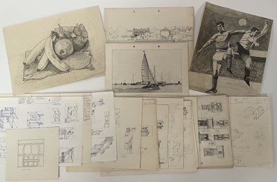 Lot 95 - Ron Sims (1944-2014) collection of sketches - preparatory drawings for abstract works and others to include a study of footballers and two landscapes, the largest 23cm x 32cm, approx 25