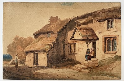 Lot 58 - Manner of Thomas Girtin (1775-1802) watercolour, figures on the steps of a rural house, unframed