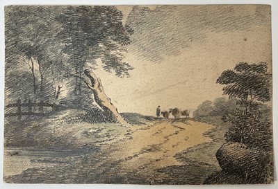 Lot 56 - Manner of Thomas Gainsborough, graphite and watercolour sketch of a figure leading cattle in a wooded landscape, unframed