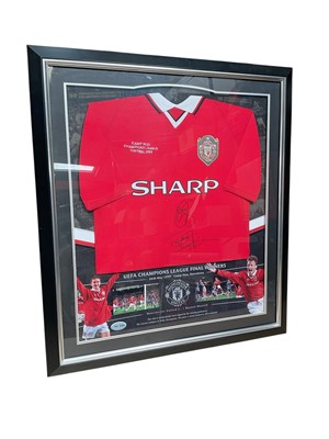 Lot 2483 - 1999 Manchester United Champions League final replica shirt, signed by the goal scorers Teddy Sheringham and Ole Gunnar Solskjaer