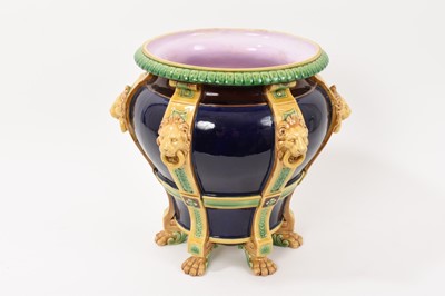 Lot 337 - Victorian Minton Majolica jardinière with lion's head ring handles, 28cm