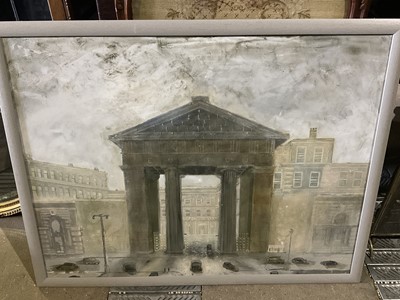 Lot 860 - Roy Sinclair (contemporary) oil on canvas, Euston arch, studio label verso, 78 x 101cm