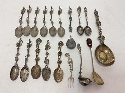 Lot 1067 - Silver Apostle serving spoon, together with various silver and white metal stylised leaf spoons and other flatware