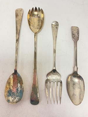 Lot 247 - Pair of Edwardian silver salad servers (Chester 1906), Edwardian silver fish fork (Sheffield 1906) and Victorian silver table spoon (London 1860)
