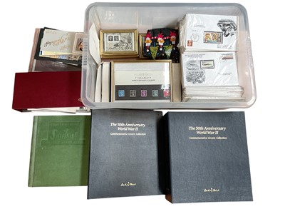 Lot 1208 - Box of stamps and first day covers including 50th Anniversary WW11 commemorative covers, presentations packs