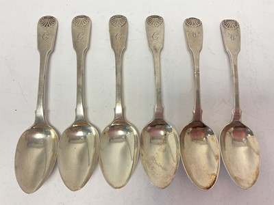 Lot 250 - Set of six George III and Victorian silver fiddle and shell pattern desert spoons, (London 1819 / 1841), maker William Eley & William Fearn, all at approximately 10.5ozs.