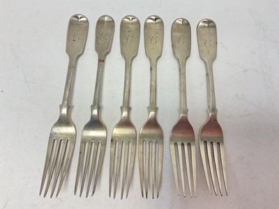 Lot 251 - Set of six Victorian silver fiddle pattern starter forks, (London 1838 & Exeter 1842), all at approximately 9ozs.