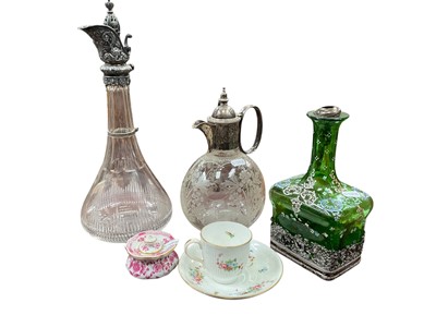 Lot 242 - Silver plate mounted cut glass claret jug, other items