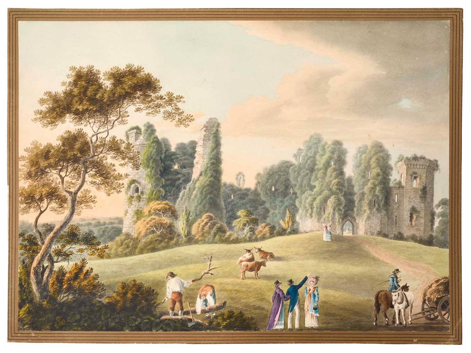 Lot 958 - Thomas Remnant Charleton (1756-1849) watercolour - 'Monmouthshire', titled to rear, and titled 'Raglan Castle' to mount, 27 x 37cm