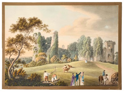 Lot 958 - Thomas Remnant Charleton (1756-1849) watercolour - 'Monmouthshire', titled to rear, and titled 'Raglan Castle' to mount, 27 x 37cm