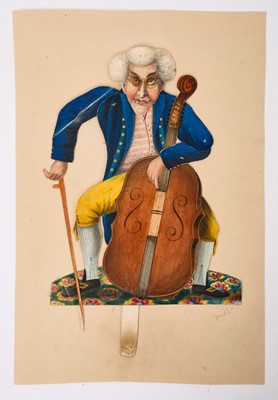 Lot 927 - Thomas Remnant Charleton (1756-1849) watercolour - A seated cellist, with tab producing articulated action, inscribed to Mount 'General' approximately 26 x 18cm