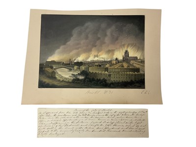 Lot 929 - Thomas Remnant Charleton (1756-1849) watercolour - 'Bristol 1831', inscribed to mount and with accompanying text describing the Bristol Reform Riots of 1831, the image copied from an engraving o...