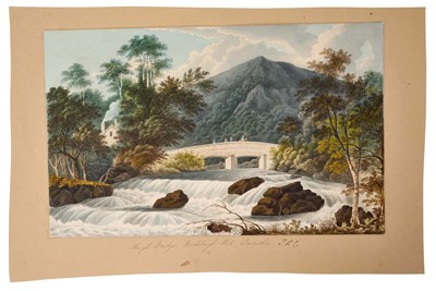 Lot 950 - Thomas Remnant Charleton (1756-1849) watercolour - 'Slaugh Bridge, Buckleigh Vale, Devonshire' after the engraving by M. J. Starling, titled to the mount, 19 x 31cm