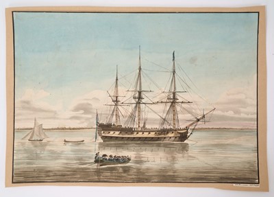 Lot 940 - Edward Pelham Brenton (1774-1839) watercolour - Ship at anchor, signs and dated 1798, 28 x 39cm. NB: E. P. Brenton was a Royal Navy officer serving in both the French Revolutionary and Napoleoni...