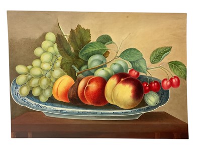 Lot 941 - Thomas Remnant Charleton (1756-1849) watercolour - Still life of fruit in a blue and white dish, 25 x 35cm