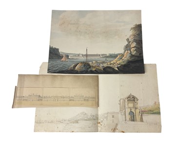 Lot 956 - Thomas Remnant Charleton (1756-1849) watercolour - Marine Barracks, at Stonehouse near Plymouth, titled verso, 33 x 44cm, together with a watercolour panorama titled verso 'scetch (sic) of the R...