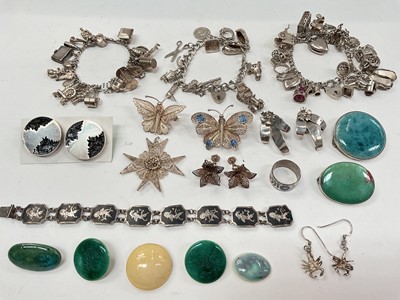 Lot 1029 - Three silver charm bracelets together with other silver and white metal jewellery