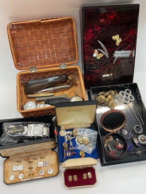 Lot 1007 - Pair 9ct gold cufflinks, other cufflinks, studs, enamelled dates, military buttons, watches and sundries
