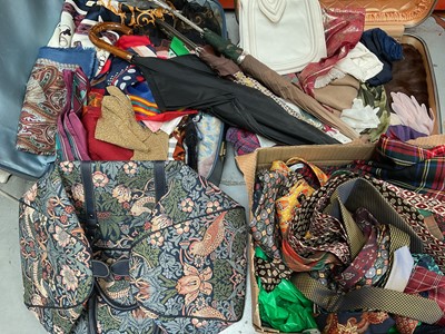 Lot 359 - Group of vintage textiles and accessories including a William Morris fabric weekend bag, umbrellas, silk ties, scarves, fabrics and linens