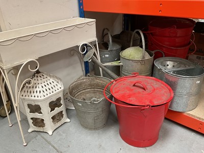 Lot 360 - Group of watering cans, red painted fire buckets, cream painted planter on stand and other items
