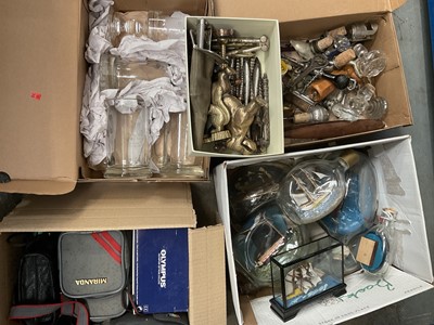 Lot 291 - Five boxes to be sorted including ships in bottles, engraved glassware, cameras, bottle openers, corkscrews etc, nutcrackers