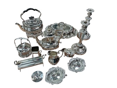 Lot 401 - Contemporary silver armada dish and collection of silver plate including a spirit kettle and entree dish.