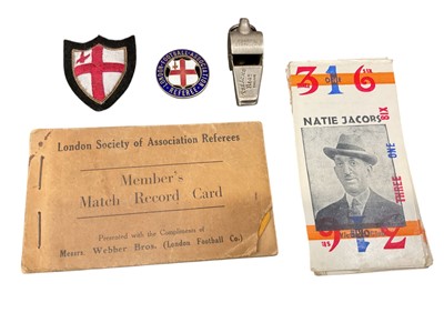 Lot 2441 - Football association enamel badge, whistle and match record card book
