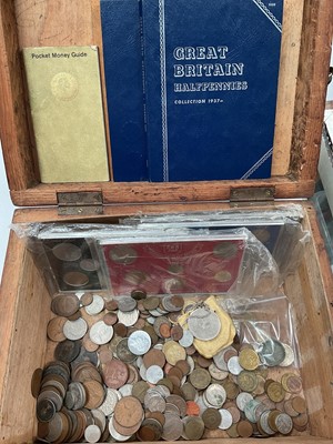 Lot 383 - Group of assorted coins In a wooden work box